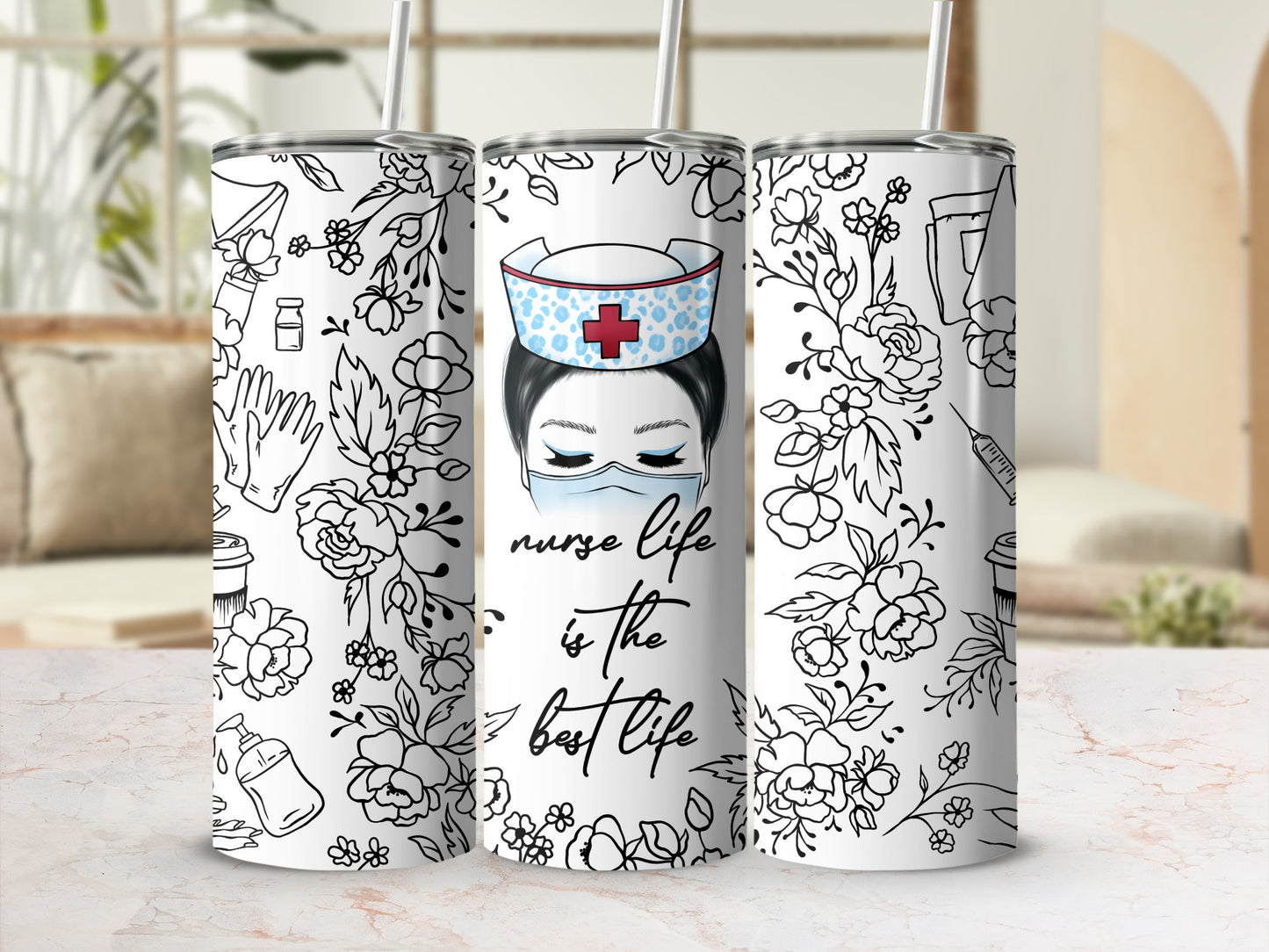 Nurse life is the best life quote on a floral tumbler.