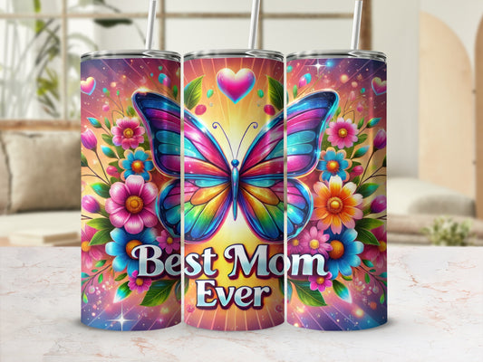 Colorful Best Mom Ever Butterfly Floral Tumbler