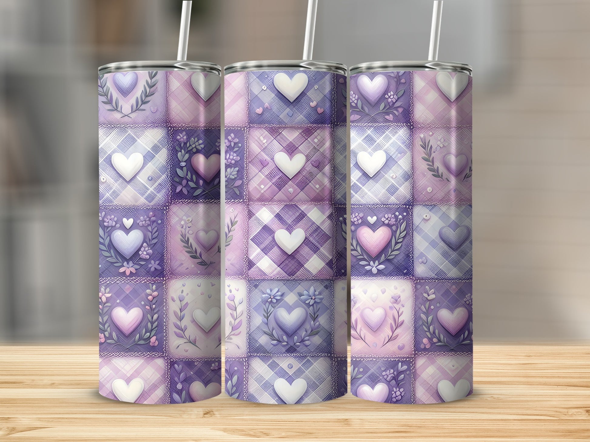 Patchwork tumbler design with purple and pink hearts and floral accents.