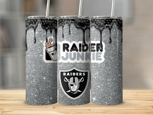 Raider Junkie Silver Glitter Tumbler with Logo Design