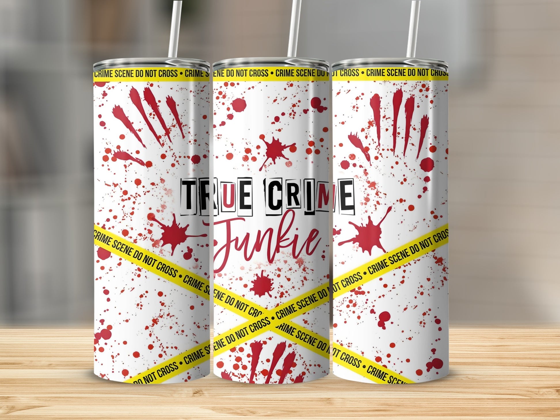 True Crime Junkie Tumbler with Blood Splatter Design