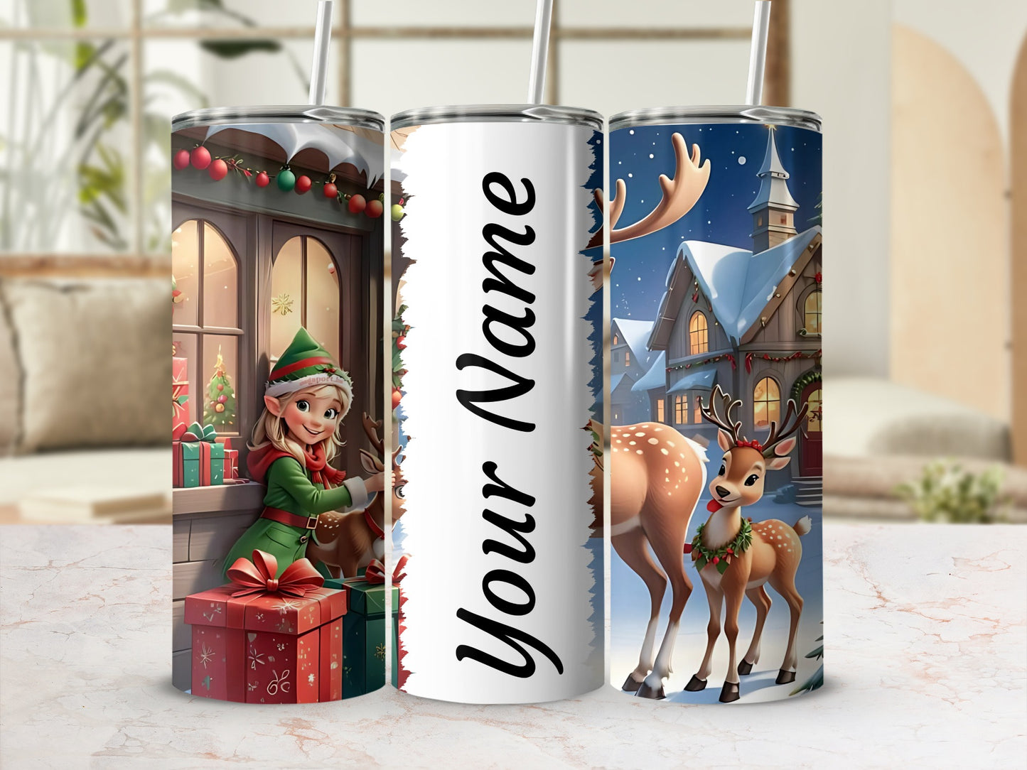 Personalized Christmas Elf and Deer Themed Tumbler