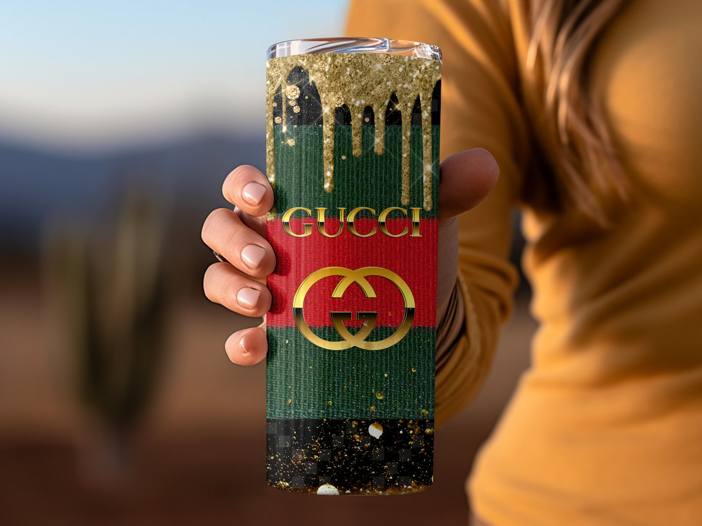 Stylish Gucci Insulated Tumbler with Gold Drip Design