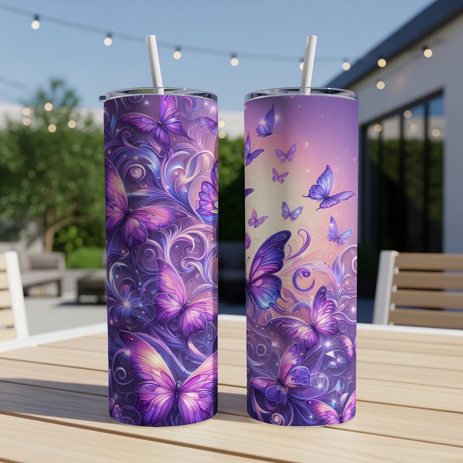 Two tumblers with iridescent purple butterflies and swirling floral patterns.