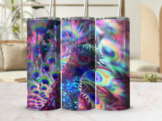 Three tumblers with a vibrant peacock feather pattern.