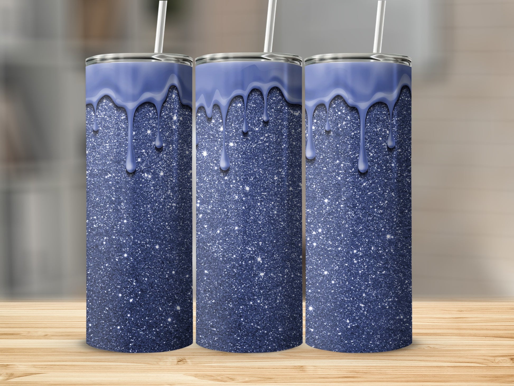 Blue Glitter Tumbler With Purple Drip Design