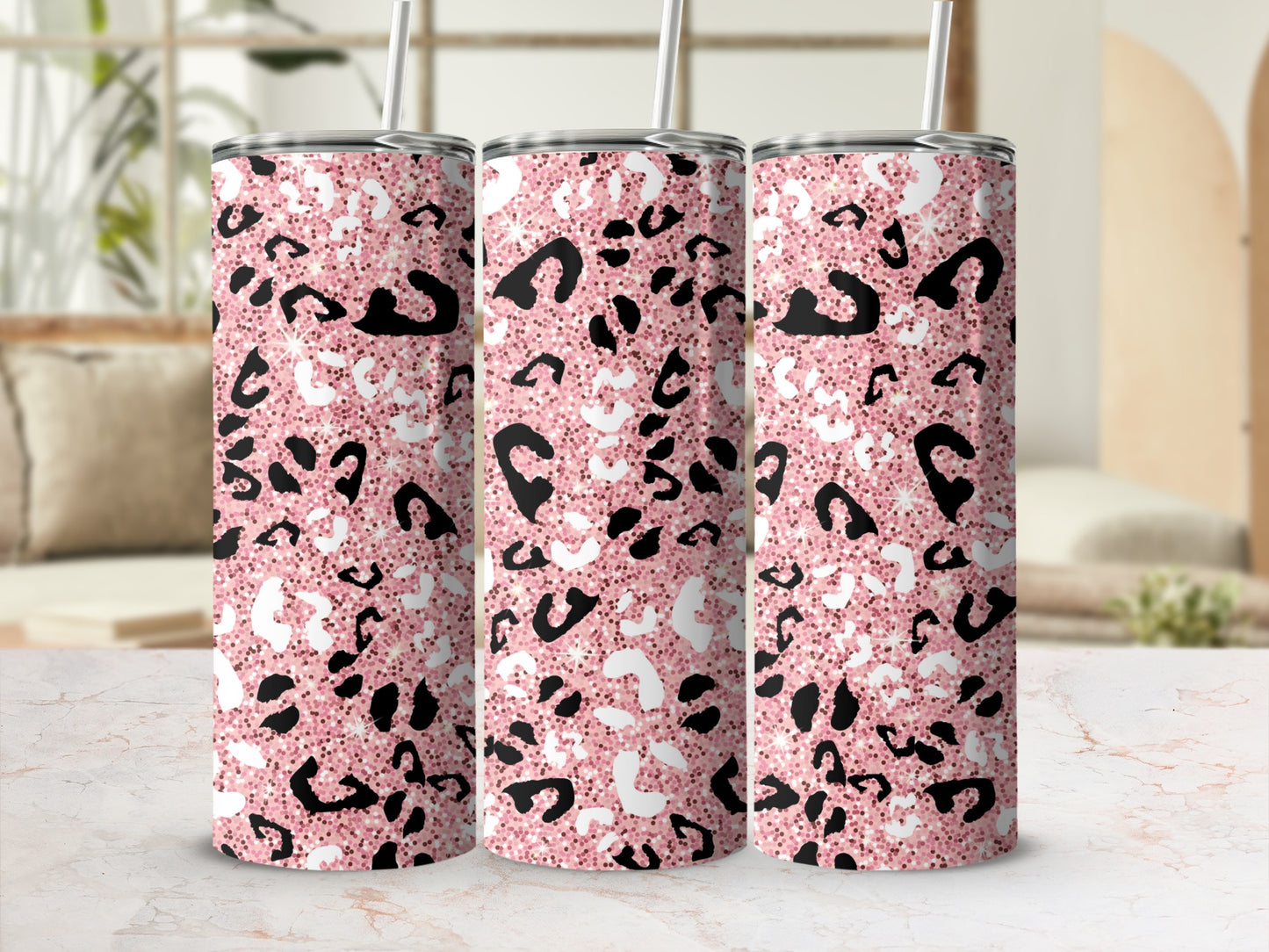Pink Glitter Leopard Print Tumbler Cups for Beverages