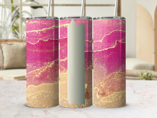Pink and gold abstract marble pattern on three tumblers.