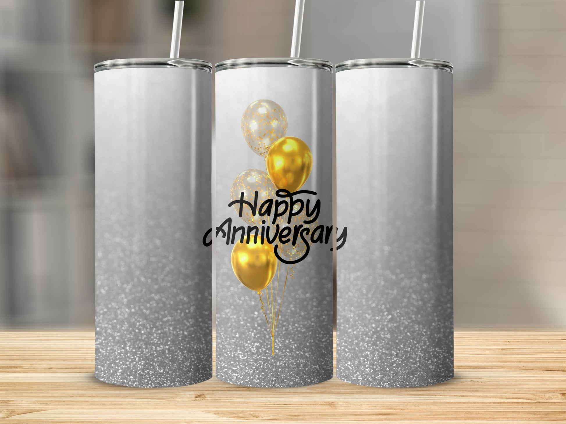 Silver glitter tumbler with "Happy Anniversary" text and gold balloons.