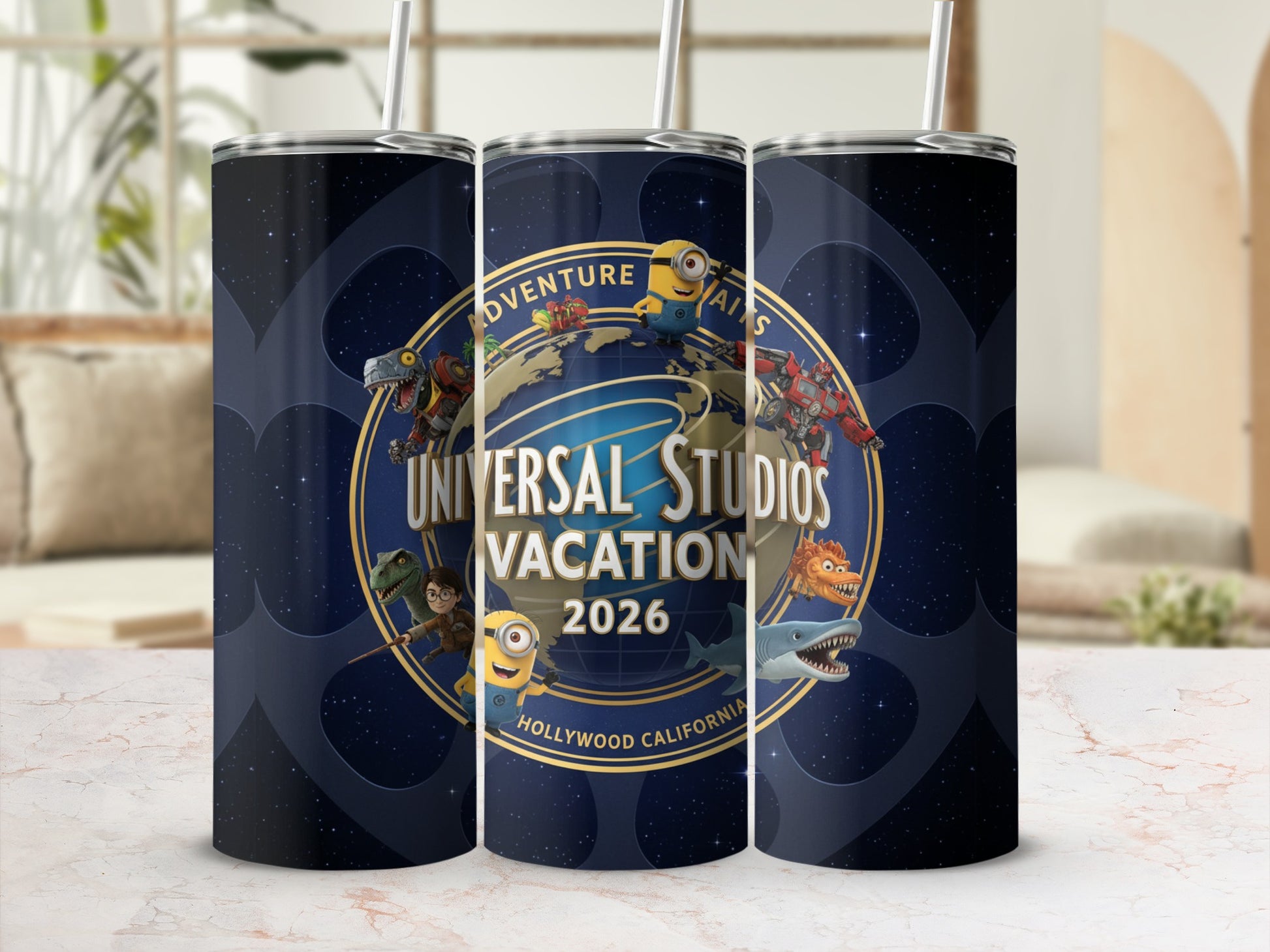 Universal Studios Vacation 2026 tumbler with Jurassic Park and Minions characters.