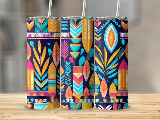 Three tumblers with colorful abstract geometric and floral patterns on a wooden surface.