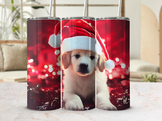 Golden retriever puppy wearing Santa hat, surrounded by bokeh lights.