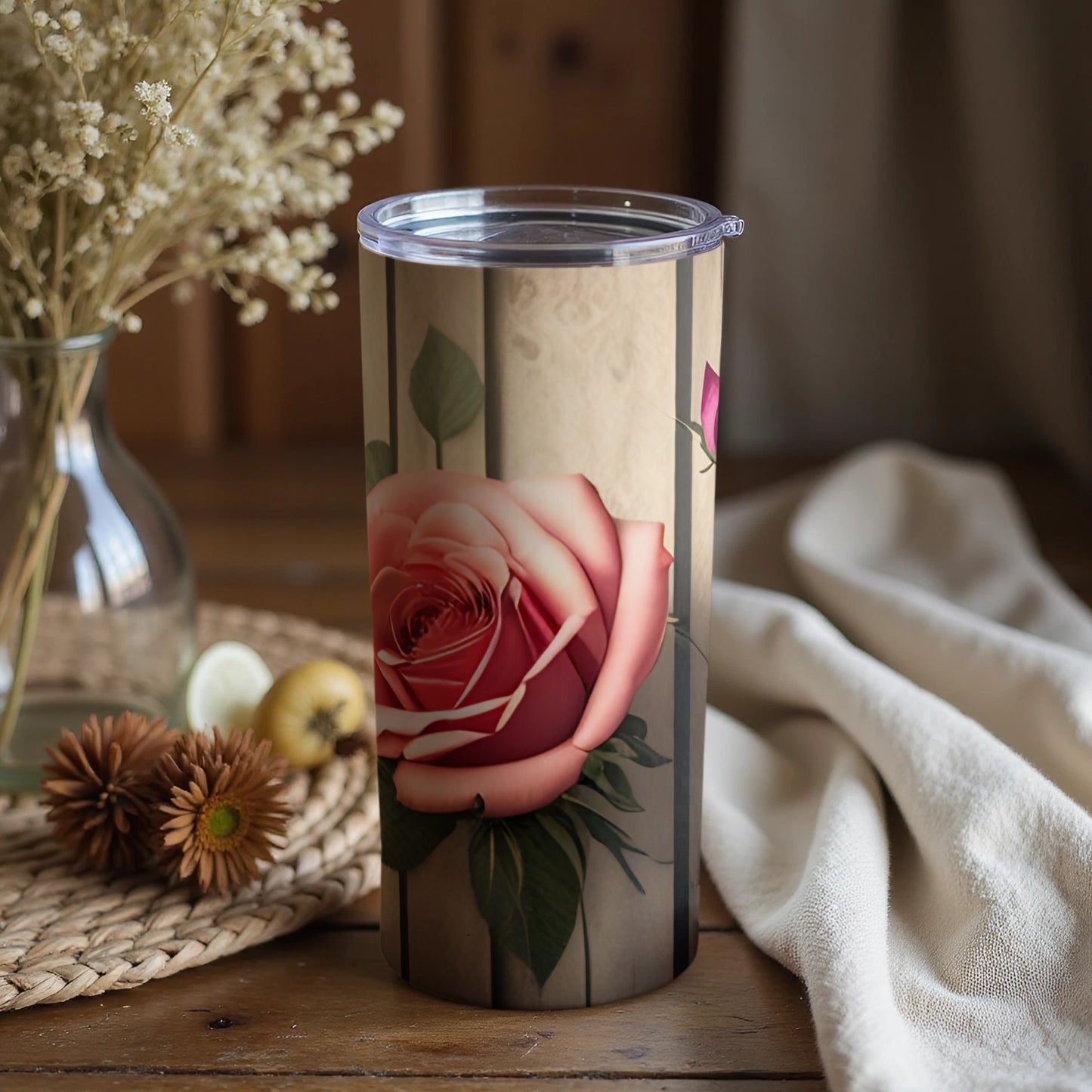 Elegant Pink Rose Design Tumbler with Lid