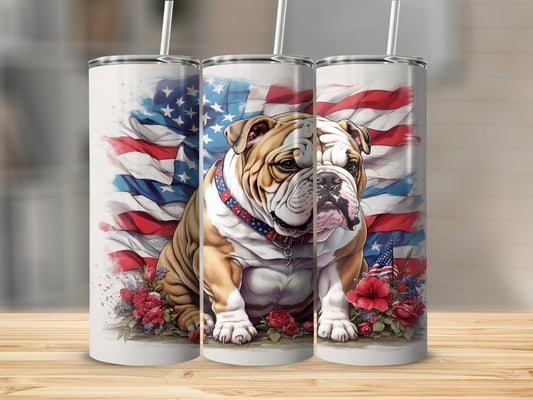 Bulldog wearing collar with US flag background and flowers.