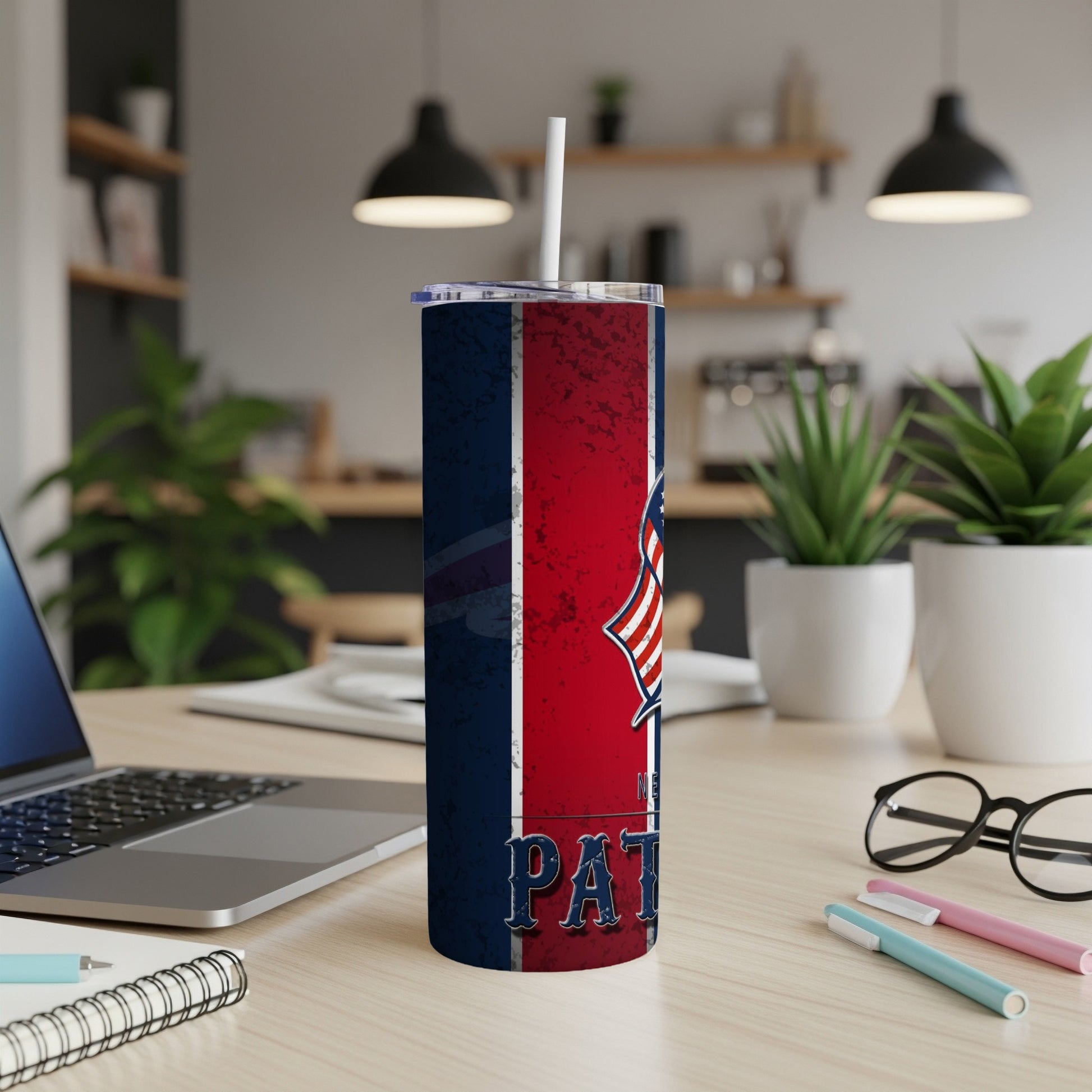 Patriots themed tumbler with distressed red, white, and blue design and text.