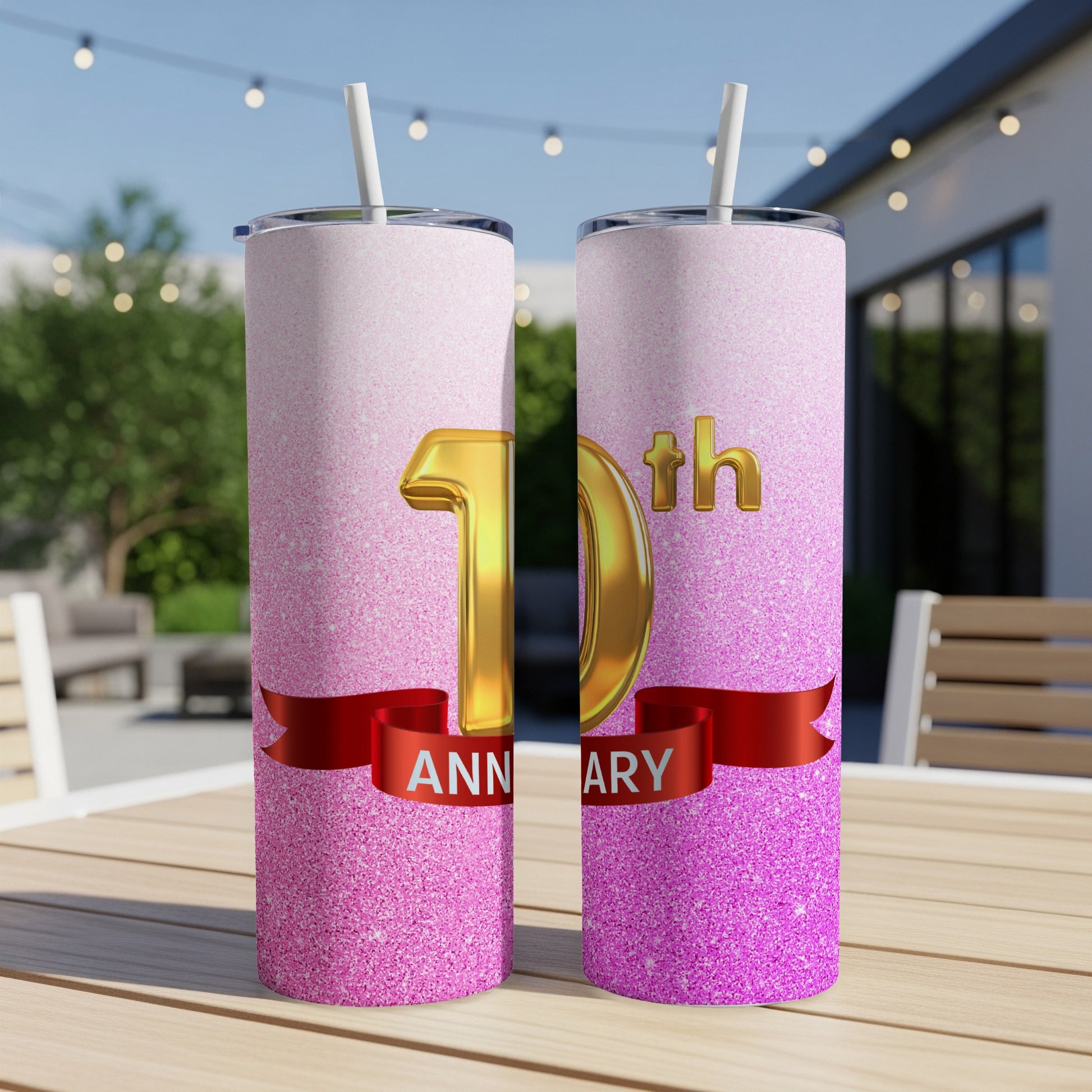 Two pink glitter tumblers with "10th ANNIVERSARY" text and red ribbon.