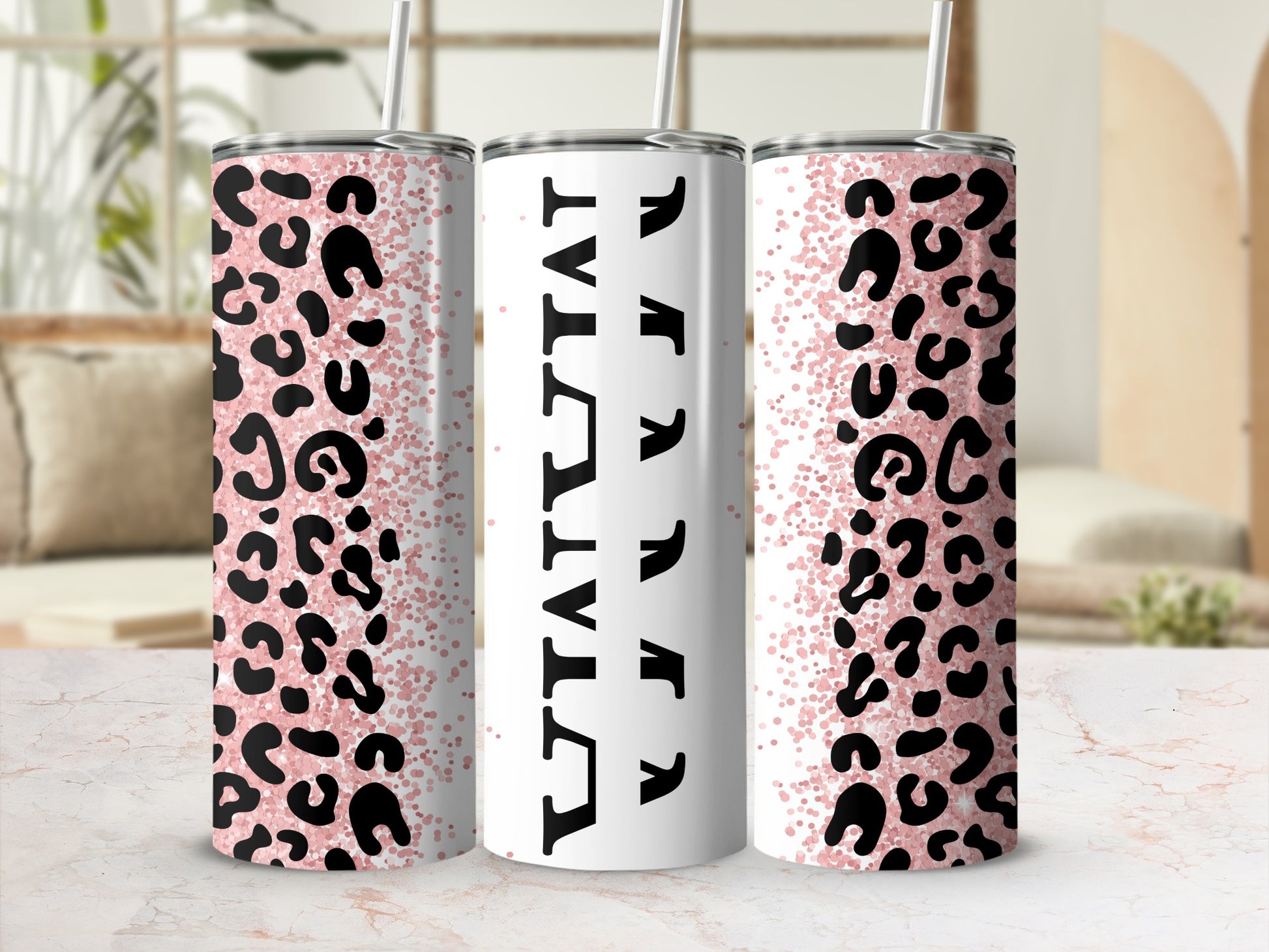 Leopard Print Tumbler with Pink Glitter Accents