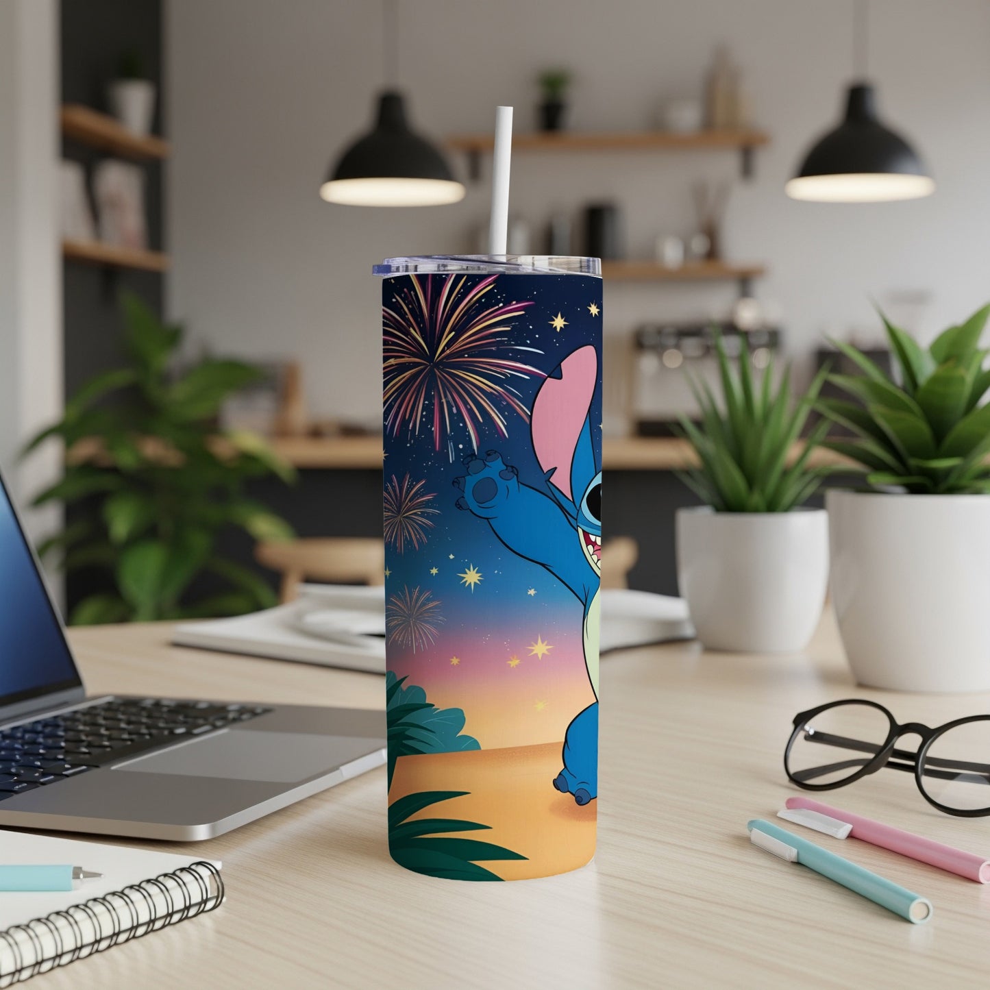 Stitch character on a tumbler with fireworks and sunset background.