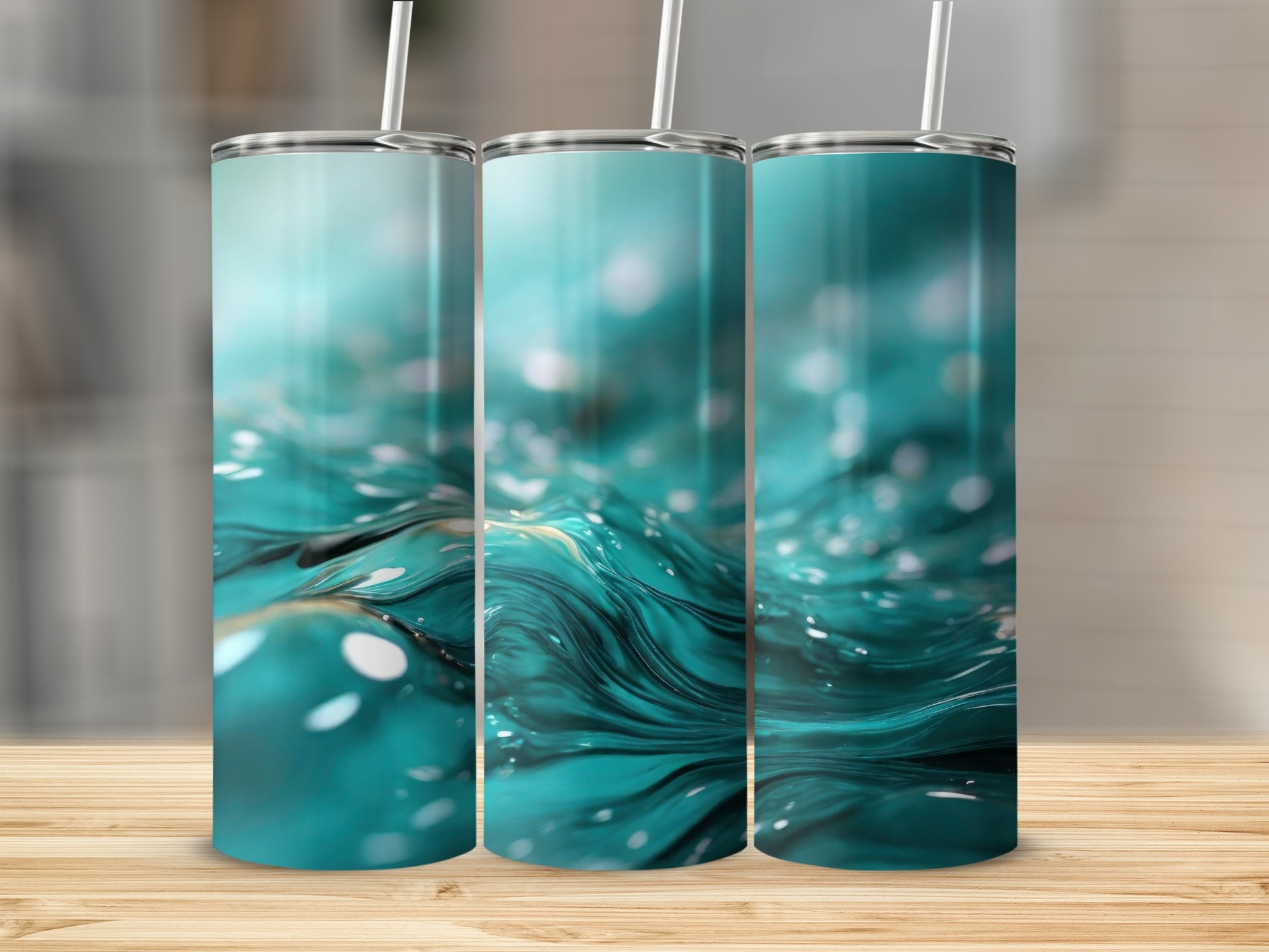 Teal Aqua Fluid Waves Shimmering Bubbles Abstract Tumbler product type