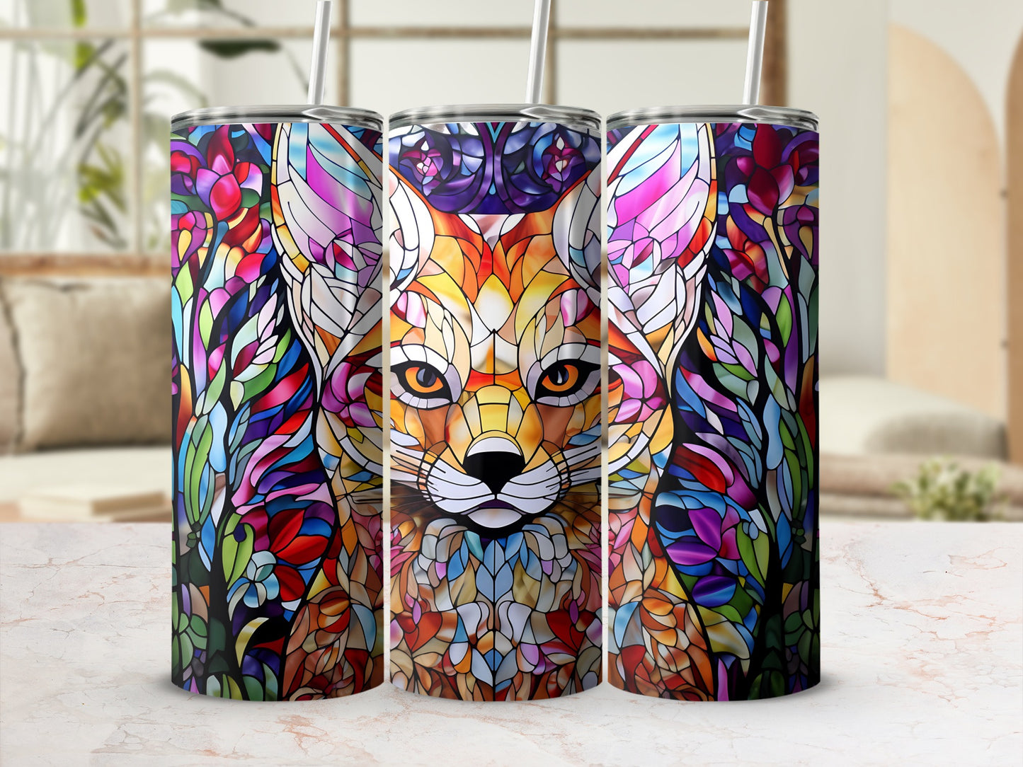 Stained glass fox tumbler with colorful, geometric patterns.