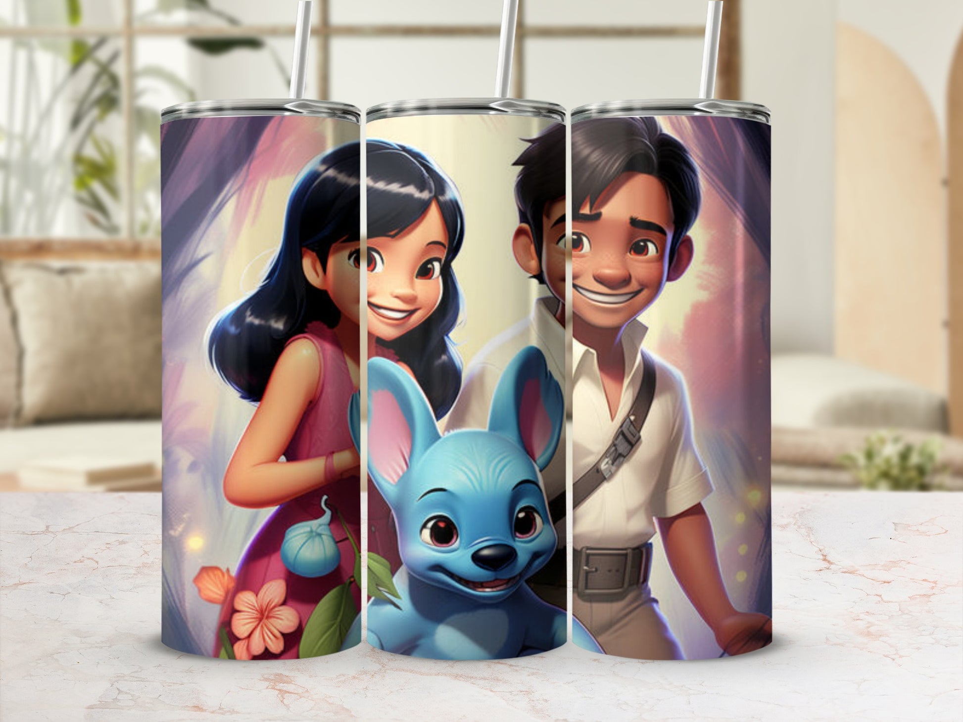 Animated characters Lilo, Stitch, and David Kawena on tumblers.