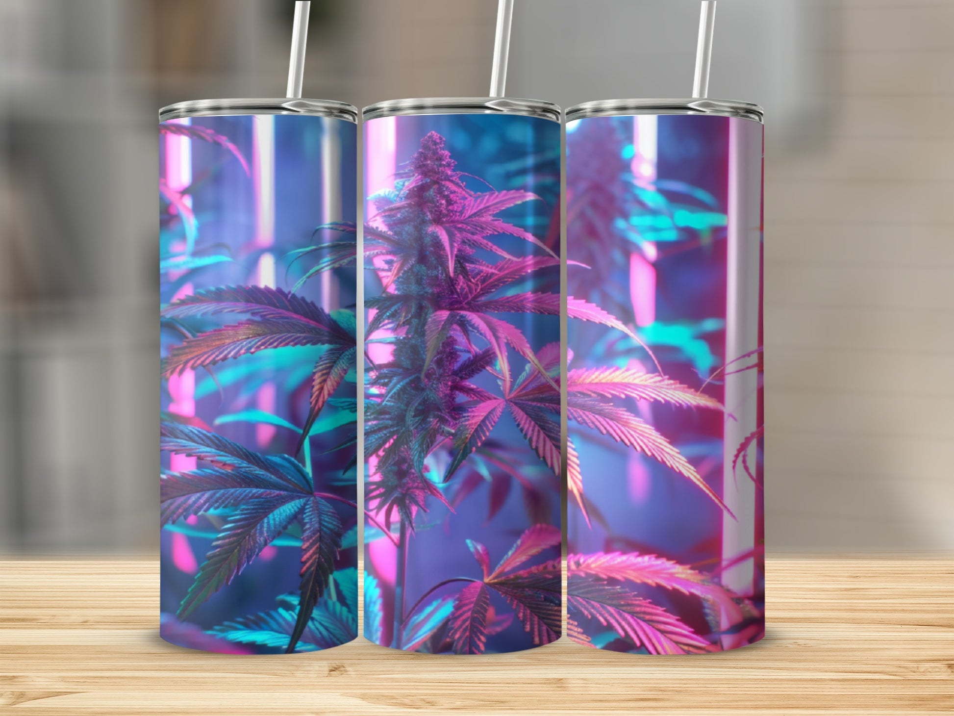 Cannabis plant with neon pink and blue lighting, shown on a tumbler.