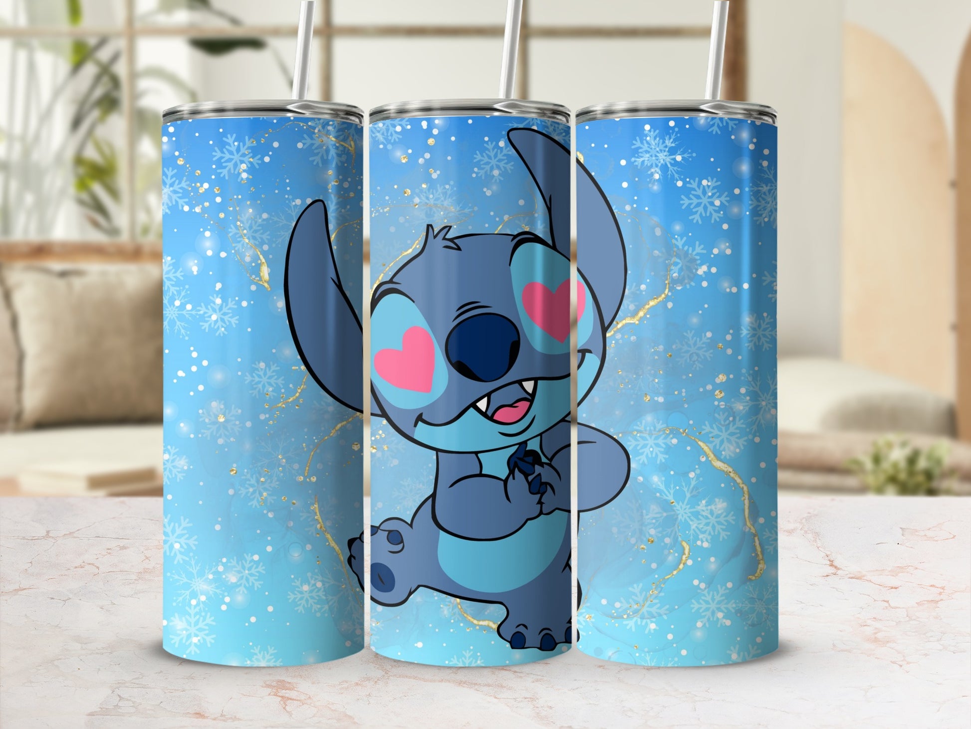 Cute Blue Character Tumbler with Snowflake Design Tumbler