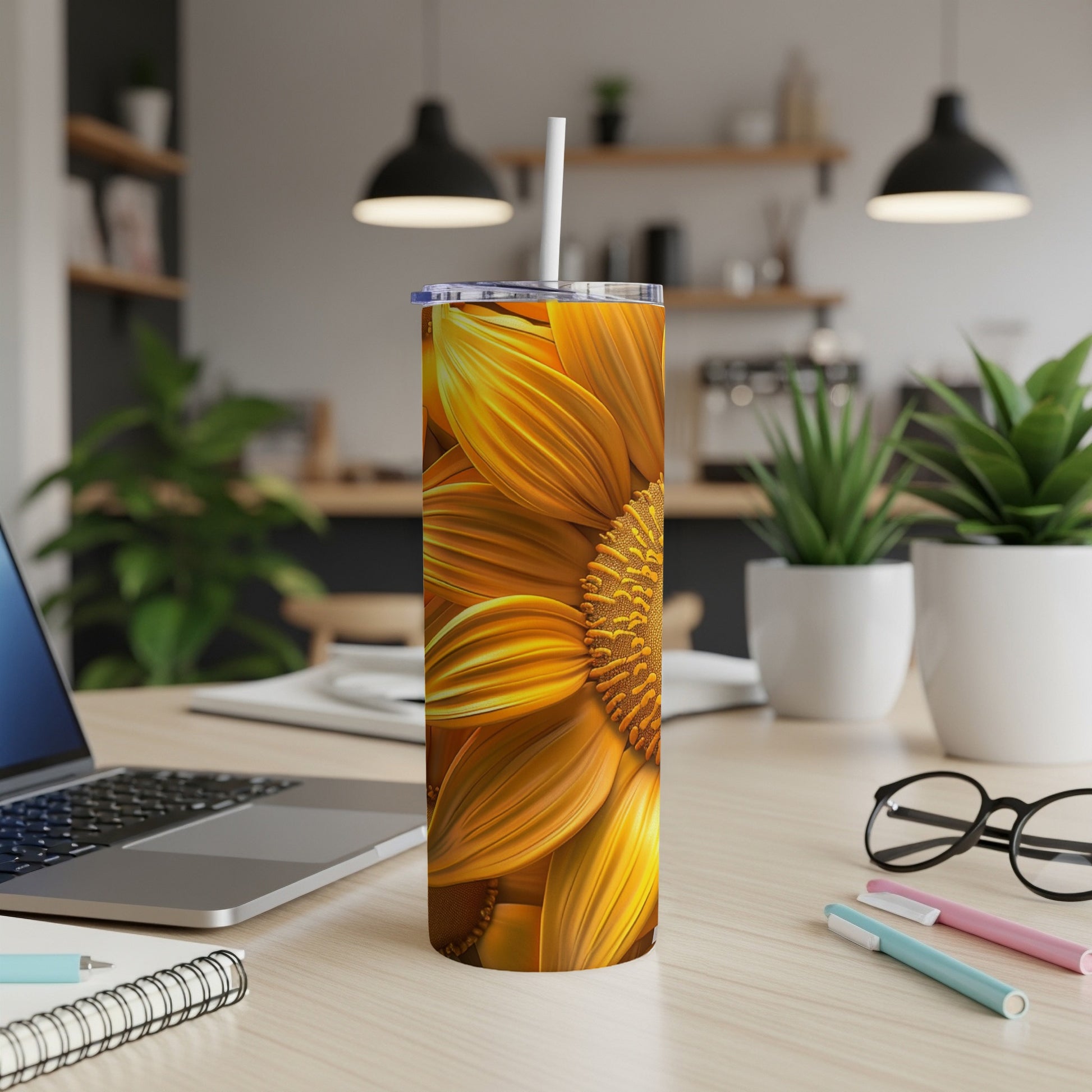 Tumbler with a close-up, vibrant orange sunflower design.
