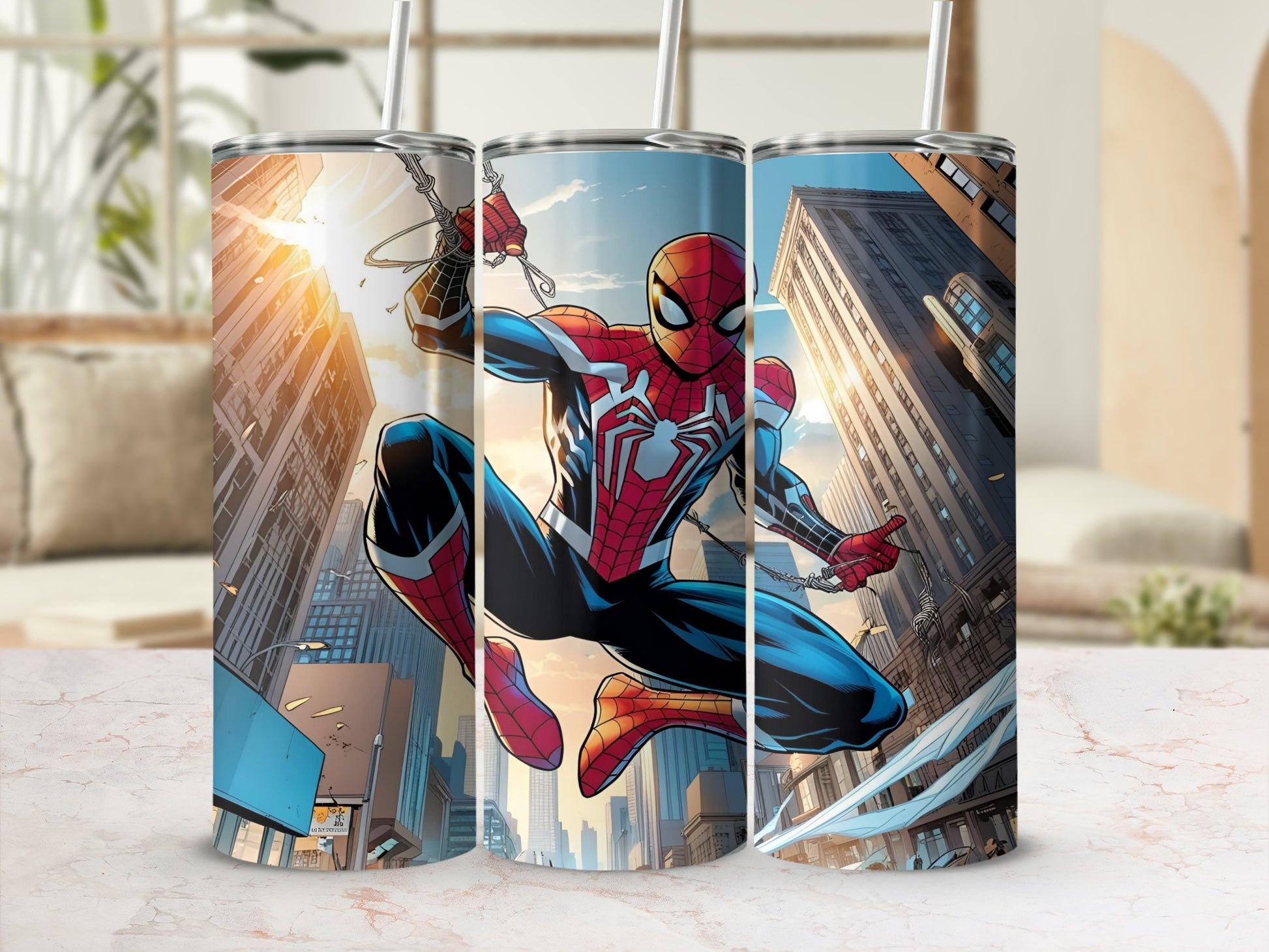 Spider-Man swings through a city on a tumbler with a cityscape background.
