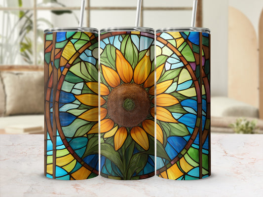 Sunflower stained glass design on three tumblers with straws.