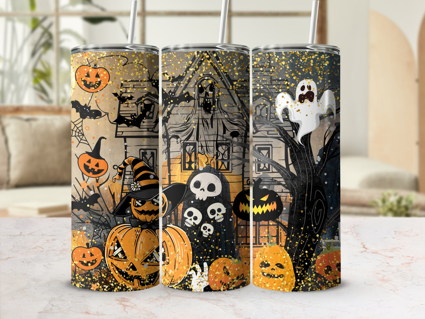 Halloween Spooky Haunted House Pumpkin Tumbler Cup
