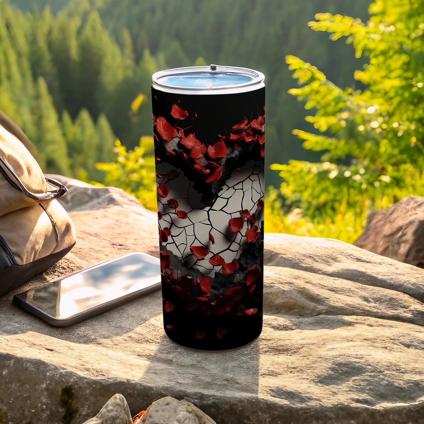 Cracked Heart And Red Petals Design Travel Tumbler