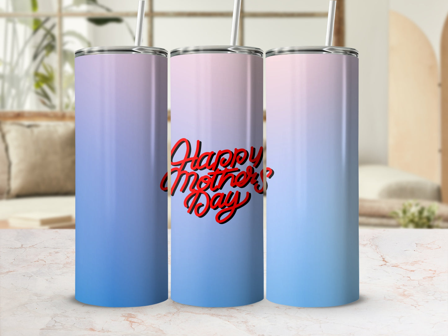 Three gradient tumblers with "Happy Mother's Day" text.