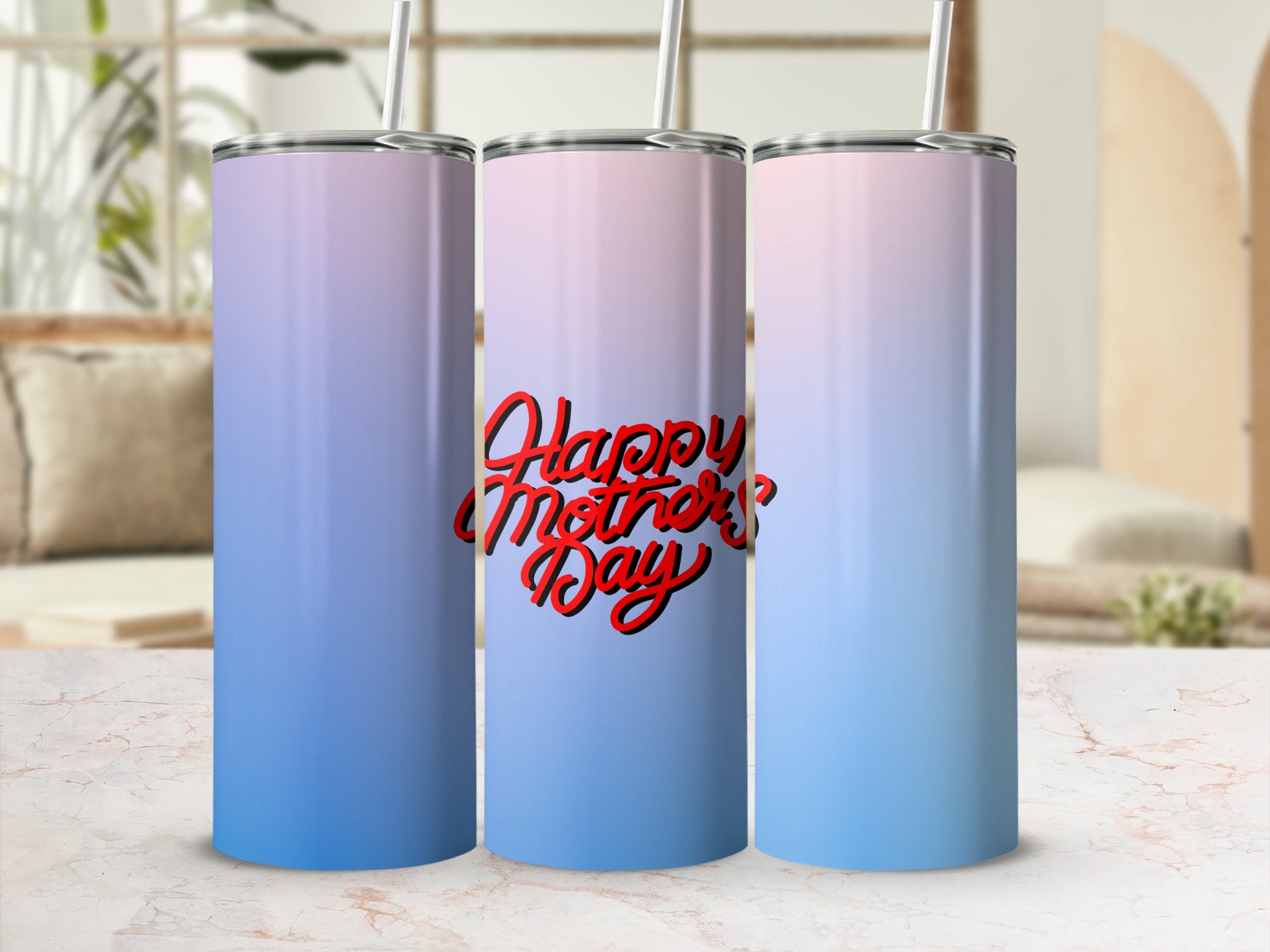 Three gradient tumblers with "Happy Mother's Day" text.