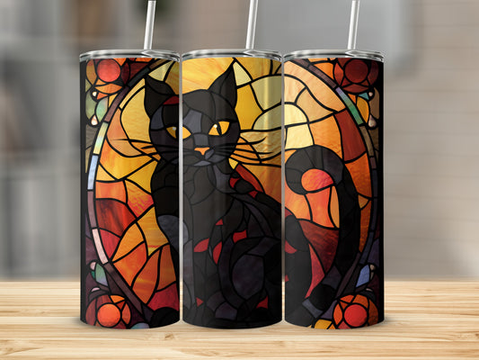 Black cat with orange eyes against a stained glass background.