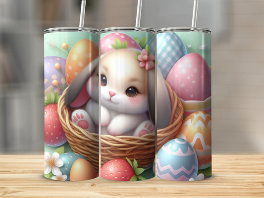Easter bunny in basket surrounded by colorful eggs and strawberries.