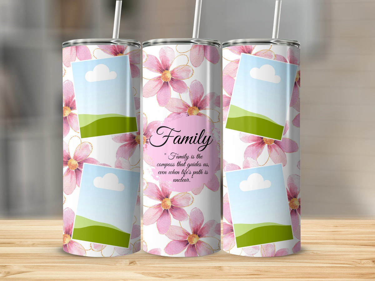 Three tumblers with pink flowers, gold accents, and quote about family.