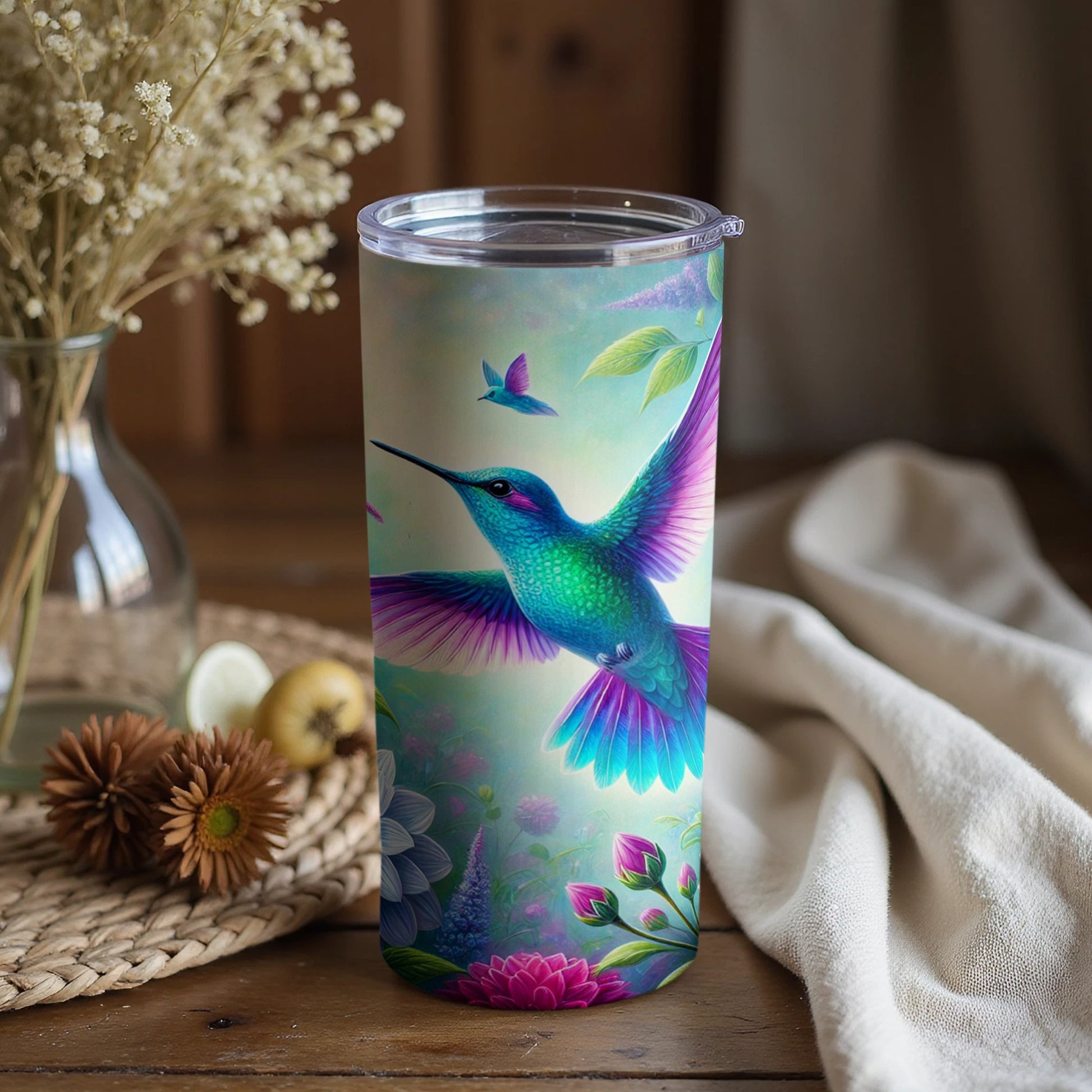 Vibrant Hummingbird Floral Design Insulated Tumbler Cup