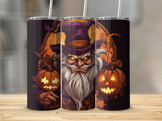 Three tumblers featuring a grumpy wizard with glowing eyes holding jack-o'-lanterns.