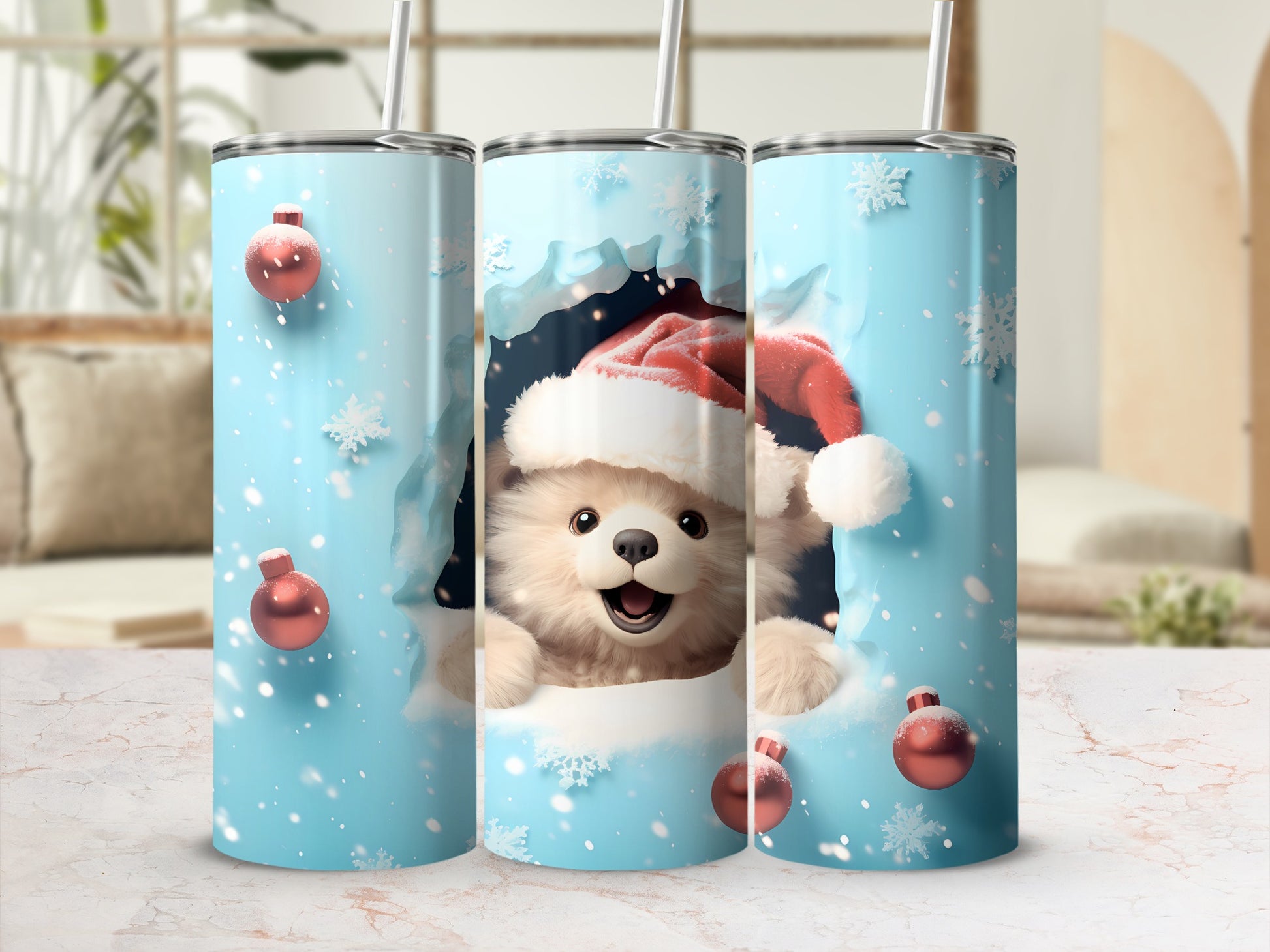 Cute Festive Bear with Santa Hat Christmas Tumbler