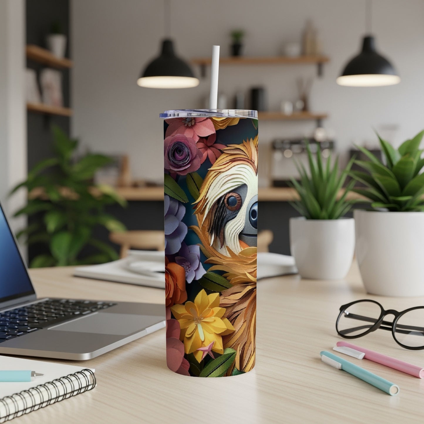 Sloth with floral pattern on a skinny tumbler with a straw.