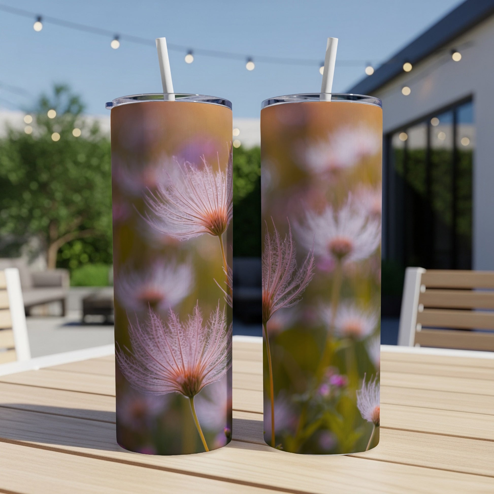 Two tumblers with a close-up dandelion seed head floral design.