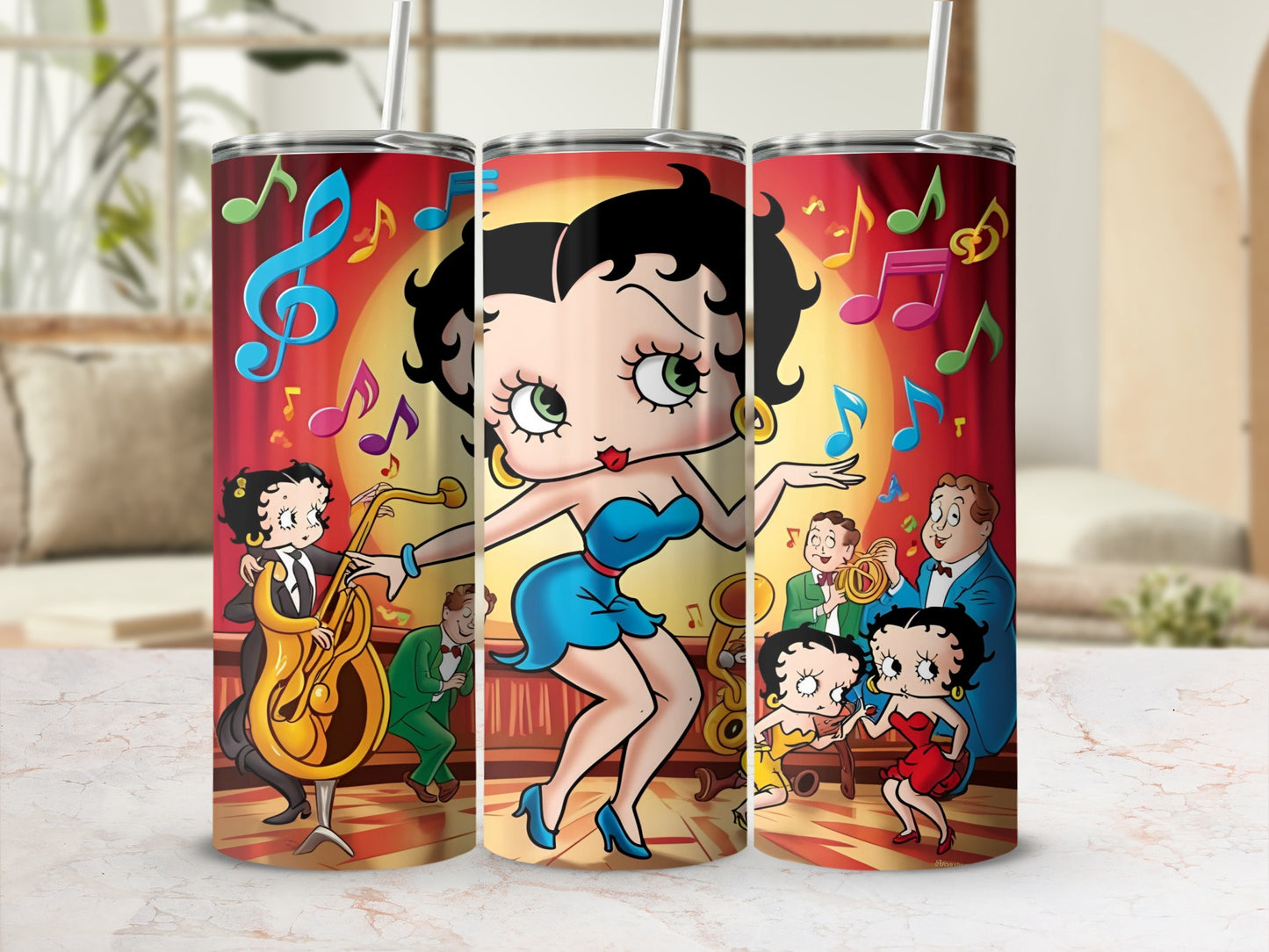 Betty Boop and friends dancing and playing music on stage.