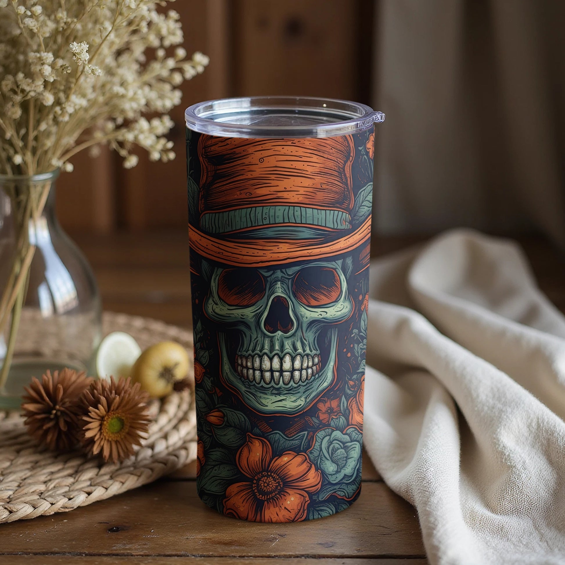 Floral Skull Insulated Tumbler with Lid Stainless