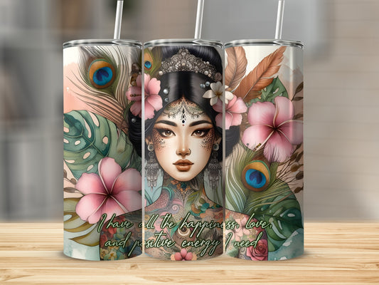Tattooed woman with flowers and peacock feathers on a tumbler.