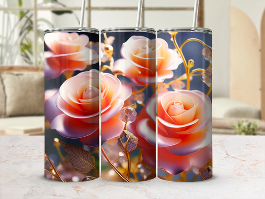Three tumblers decorated with large, detailed pink and orange roses and gold accents.