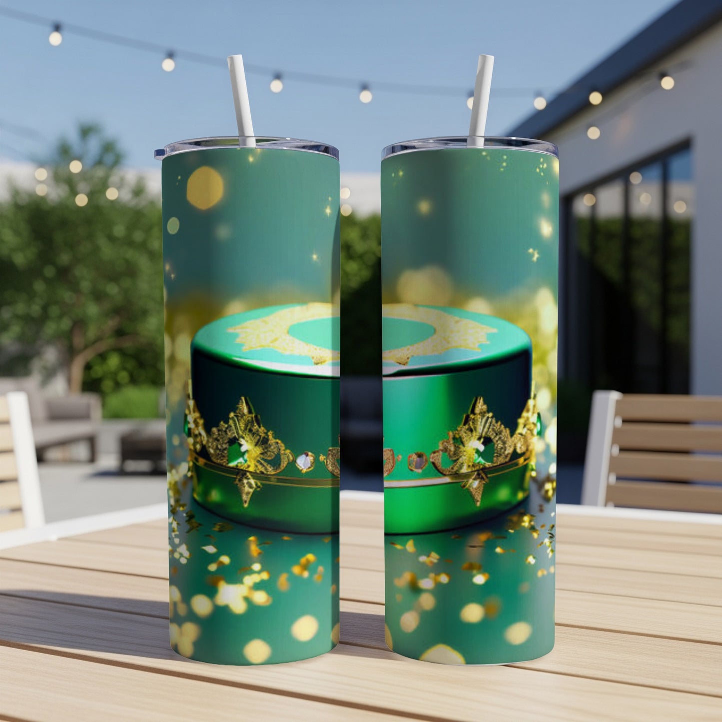 Two green tumblers with gold crowns and confetti, on a table outdoors.
