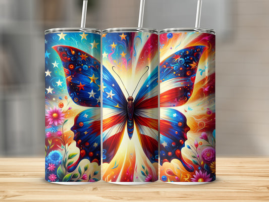 American flag butterfly with colorful stars and flowers, 3 tumblers.