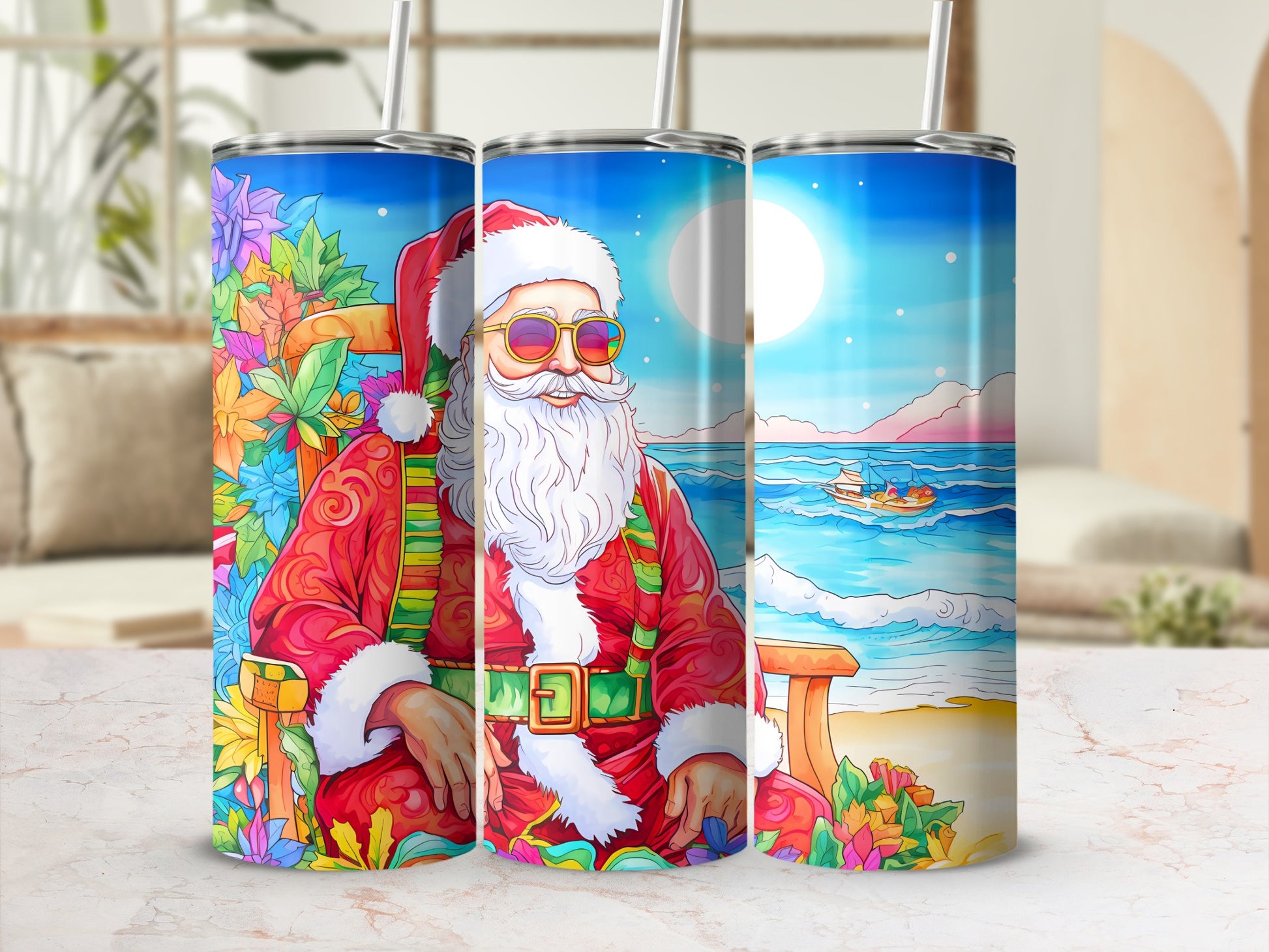 Santa Claus at the Beach Illustration Tumbler