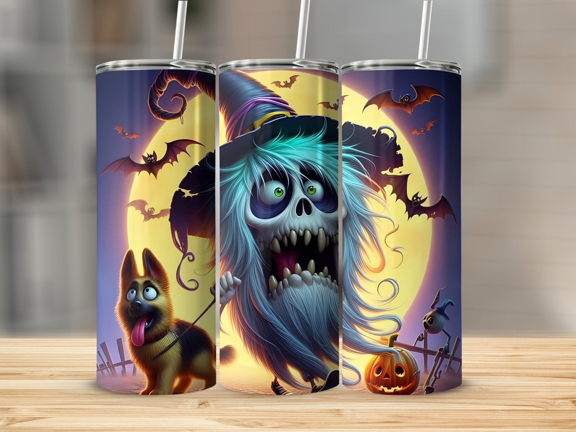 Halloween tumblers with a spooky monster, dog, pumpkin, and bats on a full moon background.